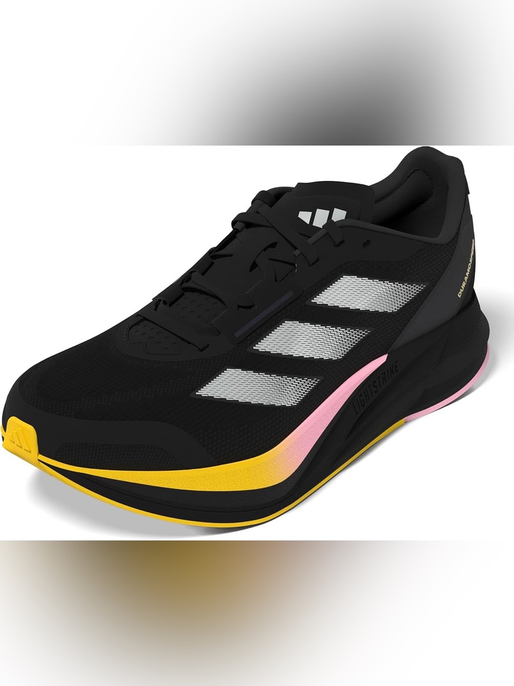 Adidas Black Duramo Speed Running Shoe with Pink and Yellow Accents